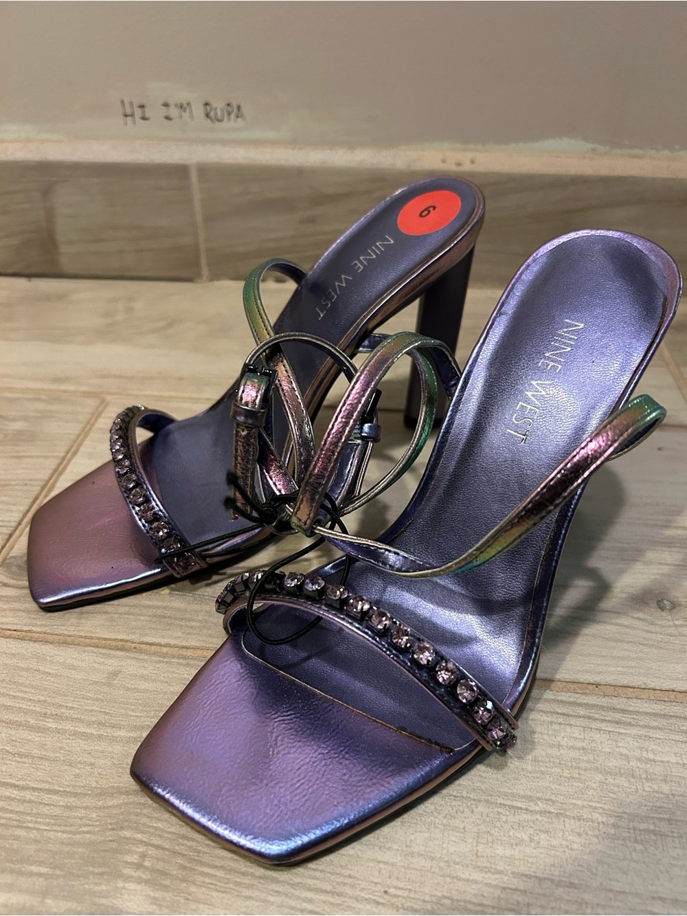Nine West Iridescent Crystal-Strap High Heel Sandals - Green/Purple